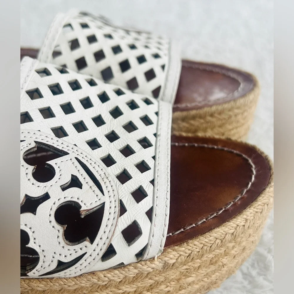Tory Burch Sz 9 White Leather Logo Espadrille Wedge Platform Sandals Slide